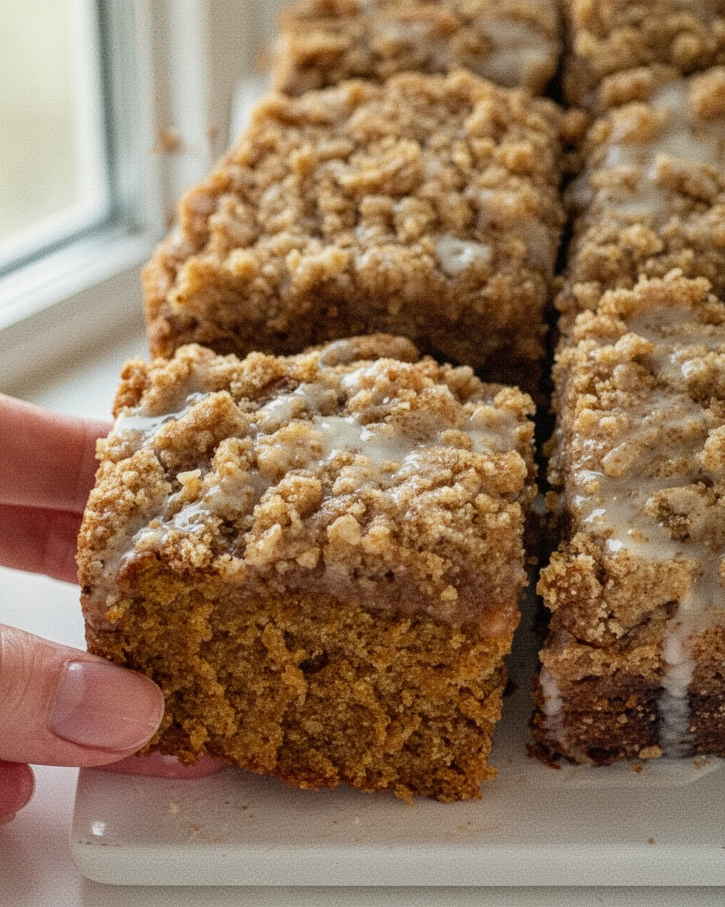 Pumpkin coffee cake with streusel topping and glaze, being lifted by hand