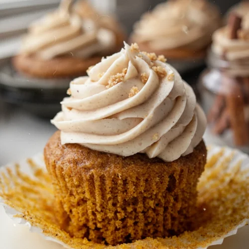 Moist pumpkin cupcake with creamy frosting and crumb topping
