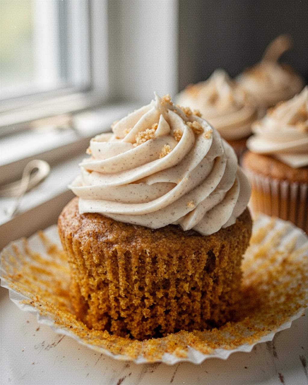 Moist pumpkin cupcake with creamy frosting and crumb topping