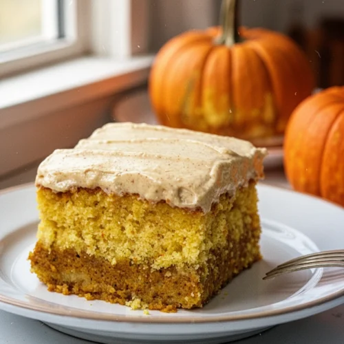 A slice of pumpkin magic cake with three layers on a white plate, next to a fork and a small pumpkin