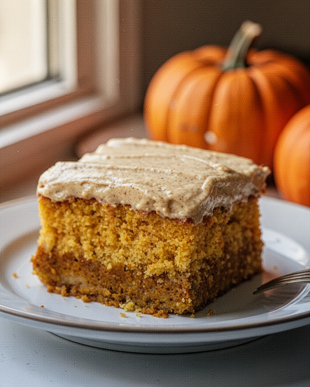 Slice of pumpkin magic cake with three distinct layers on a white plate