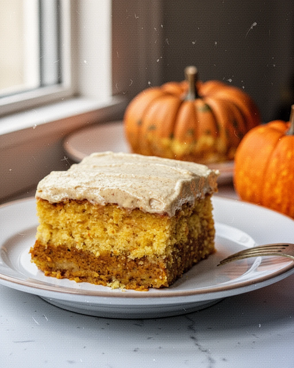 Slice of pumpkin magic cake with layered texture and creamy frosting