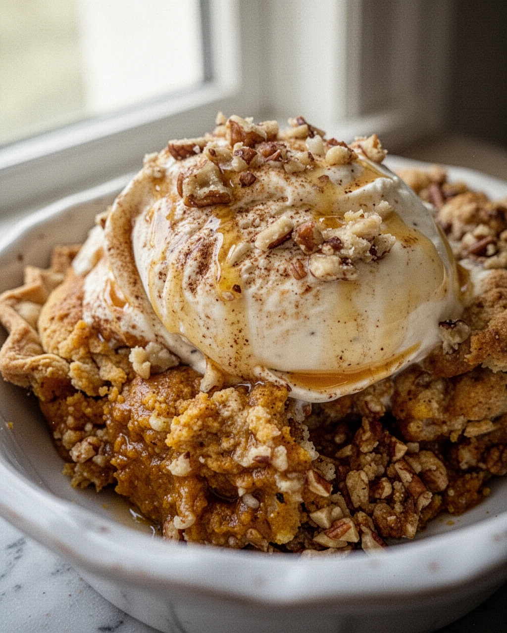 Pumpkin pie pecan cobbler with vanilla ice cream and caramel drizzle