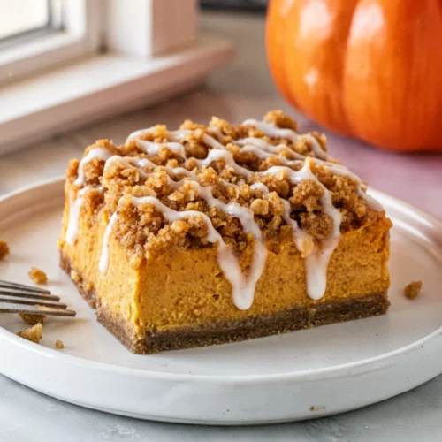 Pumpkin Streusel Bars: A Delightful Fall Treat 1 Pumpkin streusel bar with streusel topping and white icing drizzle on a white plate