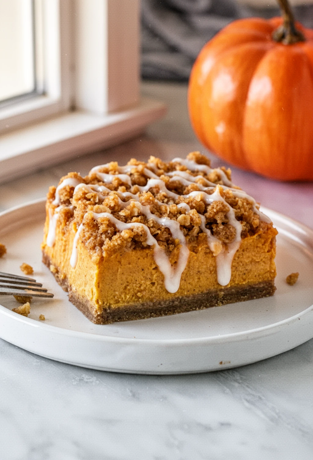 Pumpkin Streusel Bars with Crumb Topping and Icing Pumpkin streusel bar with streusel topping and white icing drizzle on a white plate