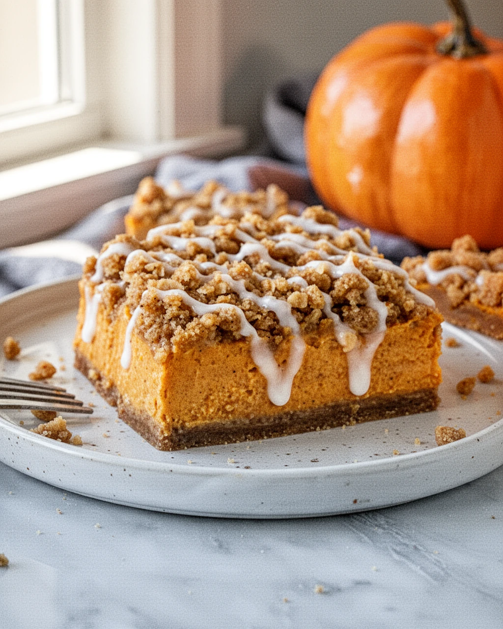 Pumpkin Streusel Bars with Crumb Topping and Icing Pumpkin streusel bar with streusel topping and white icing drizzle on a white plate