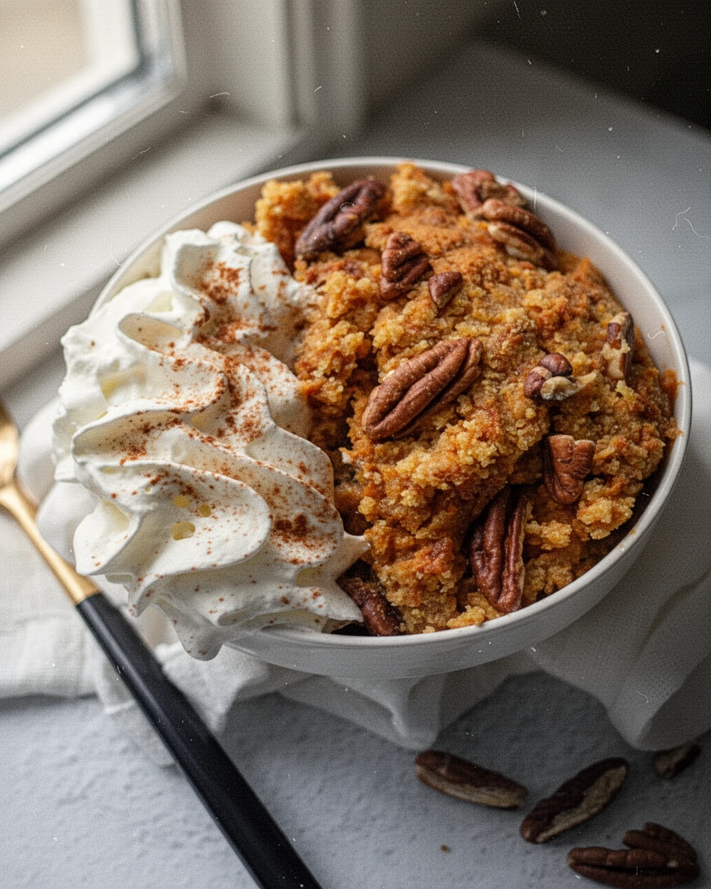 Slow cooker pumpkin cobbler with pecans and whipped cream in a white bowl