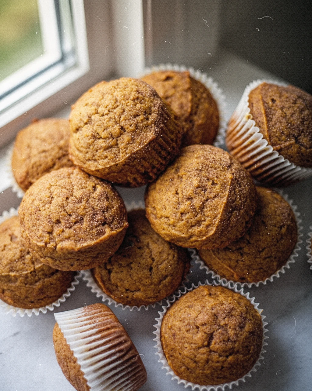 Golden-brown snickerdoodle pumpkin muffins in white liners on marble