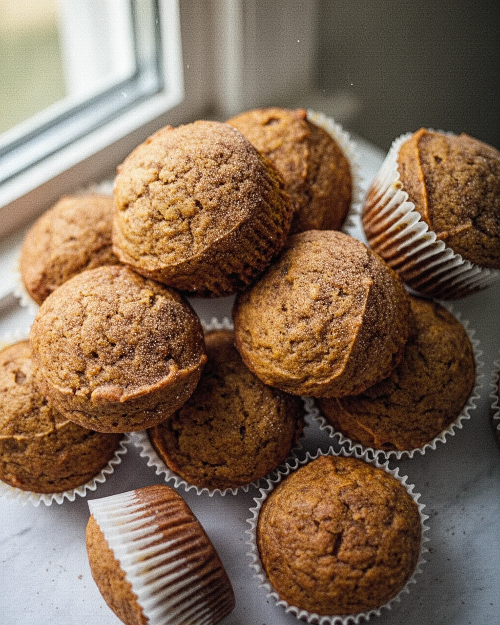 Snickerdoodle Pumpkin Muffins Recipe Golden-brown snickerdoodle pumpkin muffins in white paper liners on a marble surface