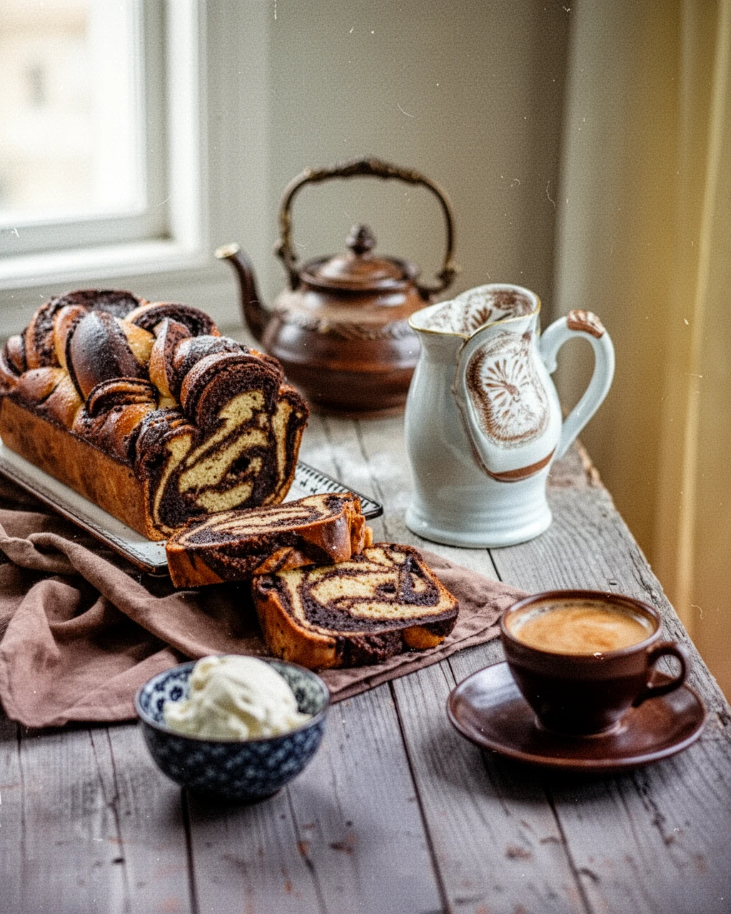 Sliced sourdough chocolate babka with rich chocolate swirls on a wooden table next to coffee and cream