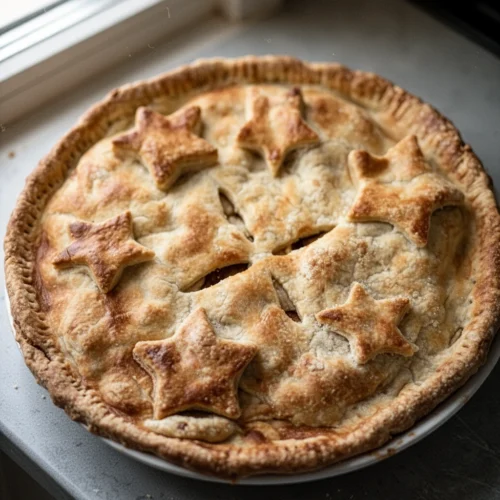 Golden sourdough pie crust with star cutouts, flaky and buttery texture