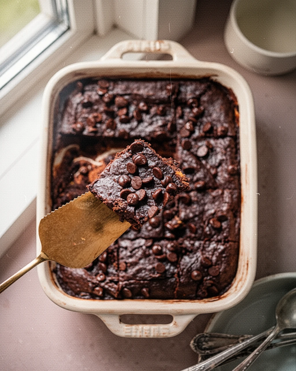 Fudgy sweet potato brownies in a white dish with chocolate chips