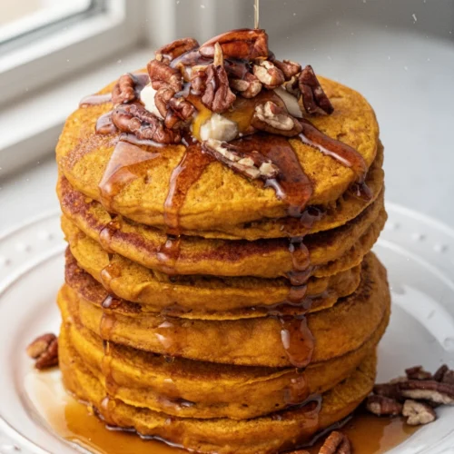 Vegan pumpkin pancakes stacked high with maple syrup and pecans