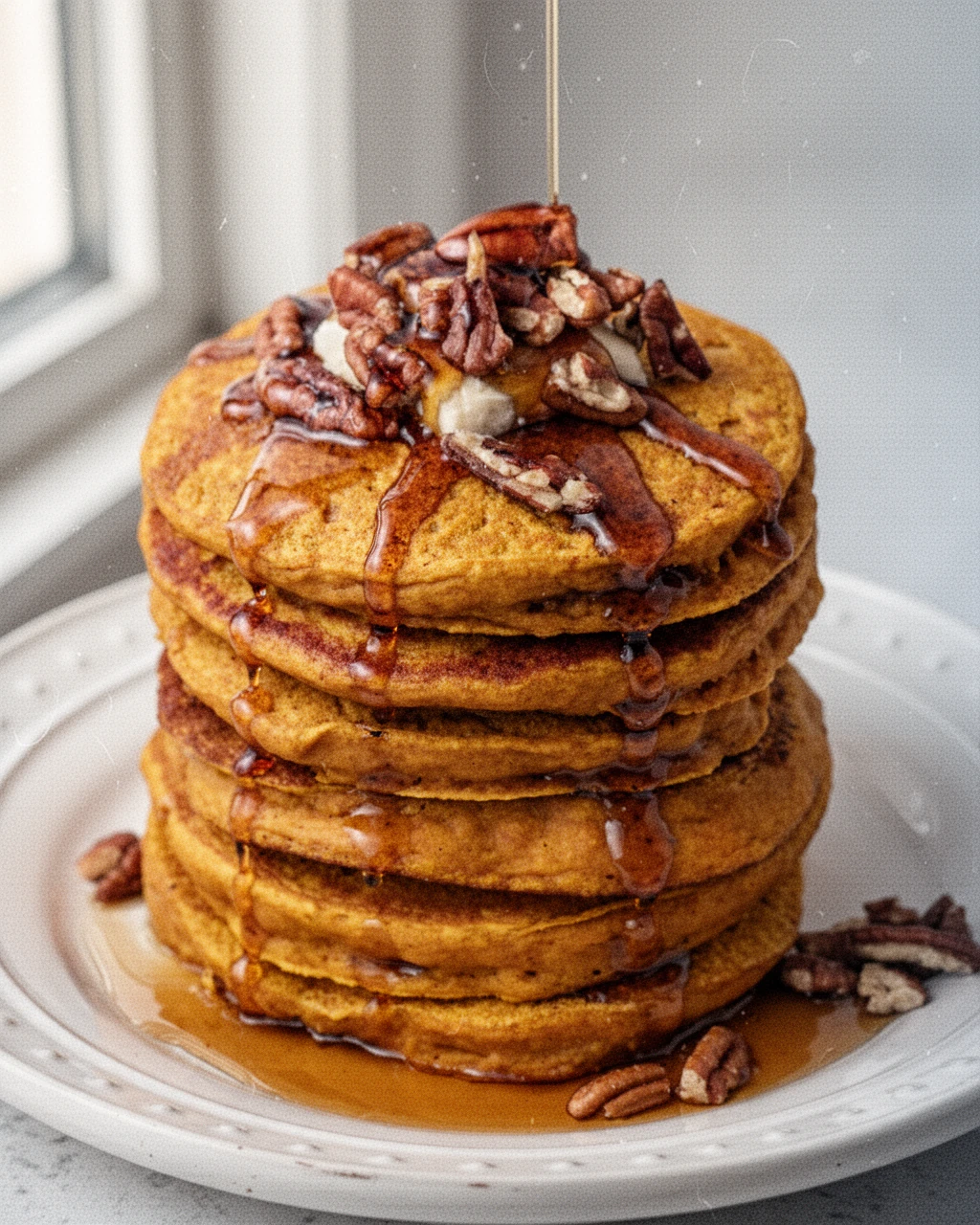 Stack of vegan pumpkin pancakes with maple syrup and pecans