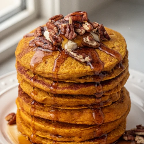 Stack of vegan pumpkin pancakes with syrup and pecans