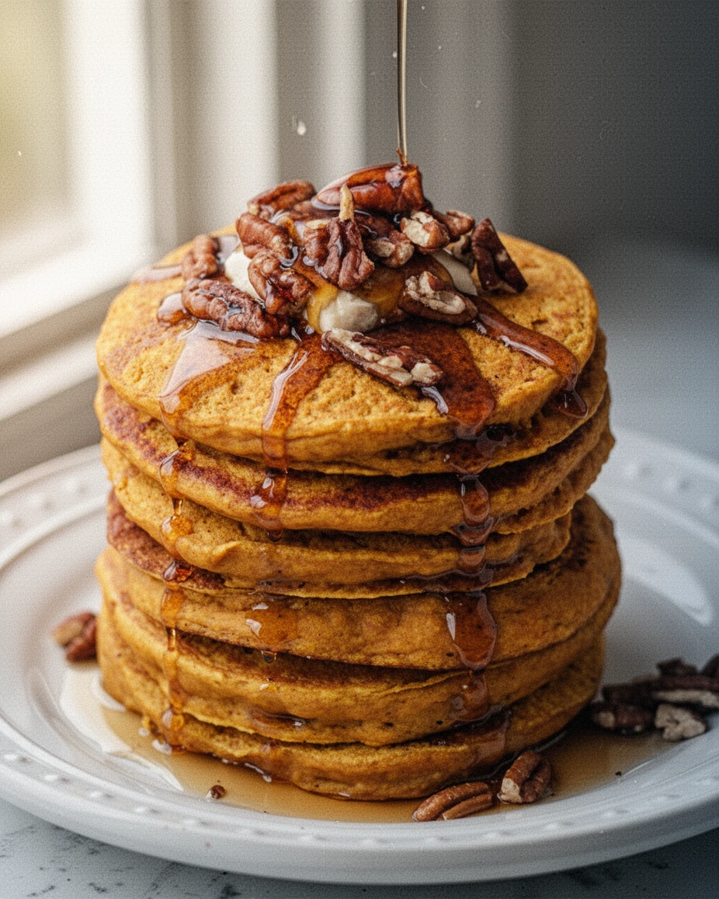 Vegan pumpkin pancakes stacked high with syrup and pecans